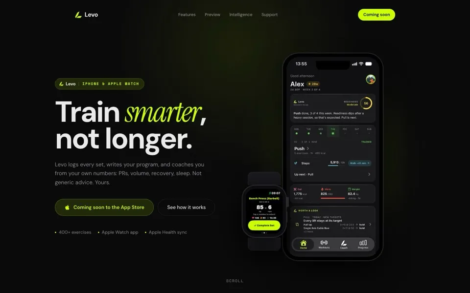 The Levo launch site: near-black with electric lime, showing the training app on iPhone and Apple Watch.
